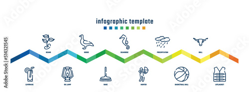 concept infographic design template. included beans, lemonade, goose, oil lamp, seahorse, rake, precipitation, hunter, bull, lifejacket icons.