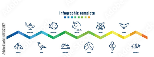 concept infographic design template. included magic lamp, harebell, puffer fish, crow, hazelnut, mountains, racoon, turban, fennec, elephants icons.