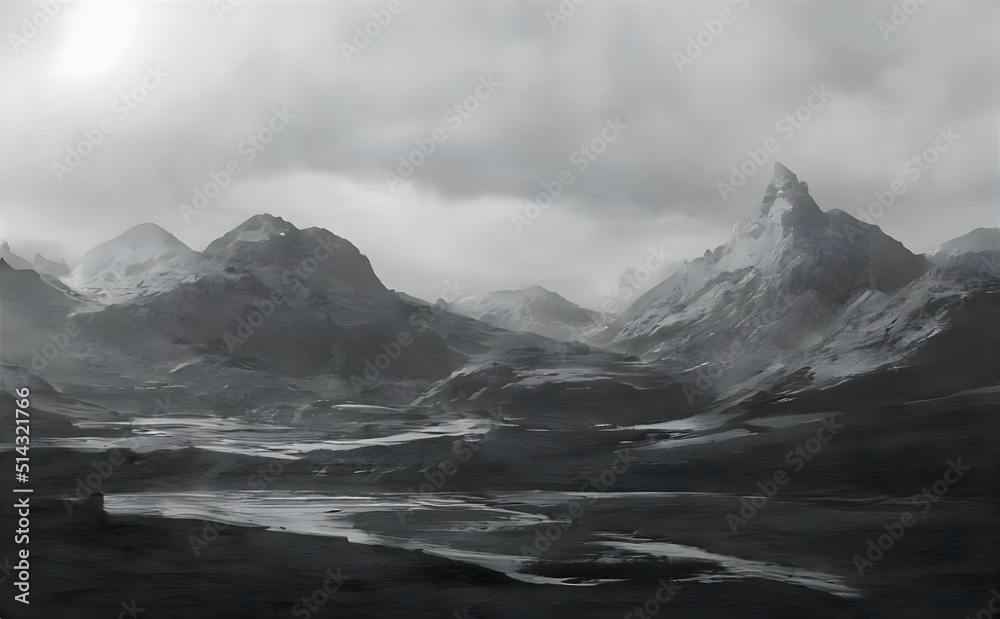 3d rendering of a landscape with clouds and snow