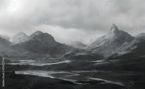 3d rendering of a landscape with clouds and snow