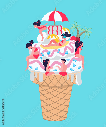 Flat illustration people sunbathing in large ice cream cones It's a summer break at the beach, the sea is beautiful.