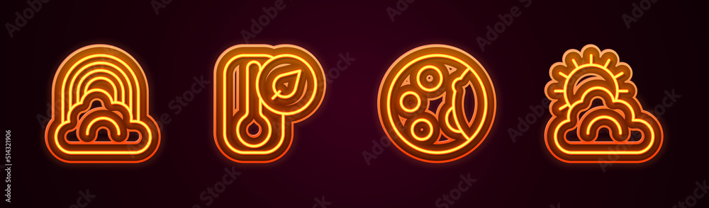 Set line Rainbow with cloud, Thermometer, Moon phases and Sun and weather. Glowing neon icon. Vector Set line Rainbow with cloud, Thermometer, Moon phases and Sun and weather. Glowing neon icon. Vector
