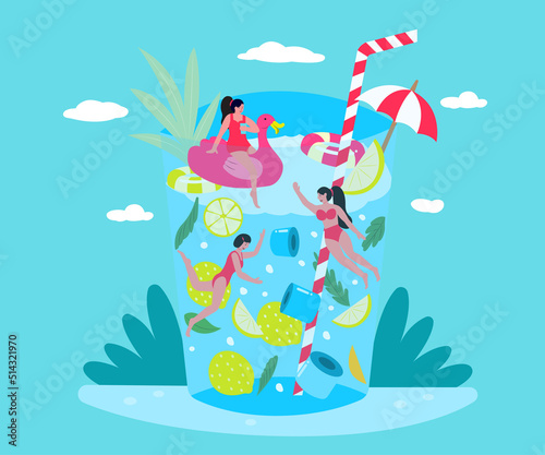 Flat illustration little woman swimming in a pool of lemon drink It is an activity for relaxing in the summer at the sea.
