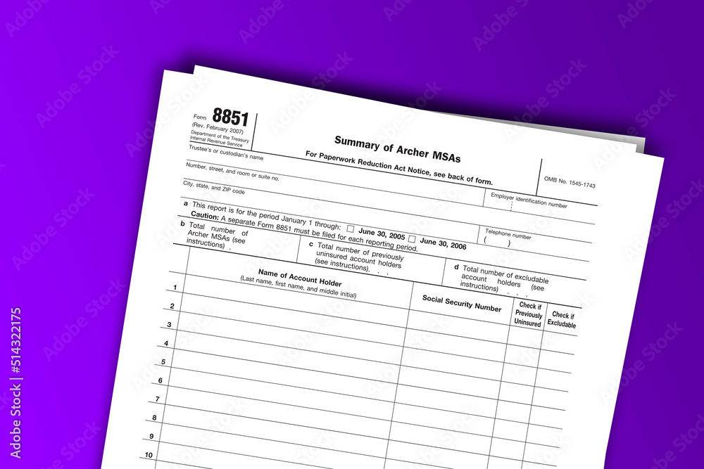 Form 8851 documentation published IRS USA 07.17.2012. American tax document on colored Form 8851 documentation published IRS USA 07.17.2012. American tax document on colored