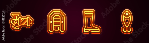 Set line Spinning reel for fishing, Inflatable boat with motor, Fishing boots and lure. Glowing neon icon. Vector