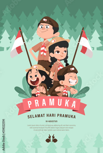 Translate: Happy Scout Day August 14 Indonesian Festival Day. Selamat Hari Pramuka. Vector Illustration. Boy and girl Student celebrate pramuka day. 