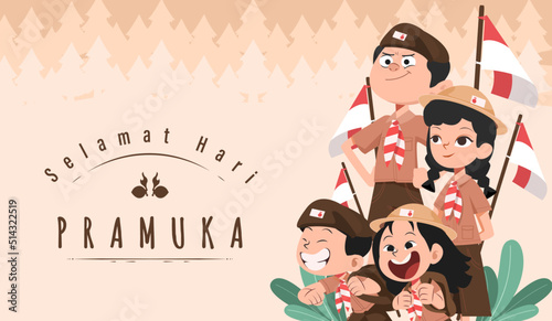 Translate: Happy Scout Day August 14 Indonesian Festival Day. Selamat Hari Pramuka. Vector Illustration. Boy and girl Student celebrate pramuka day. 