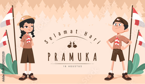 Translate: Happy Scout Day August 14 Indonesian Festival Day. Selamat Hari Pramuka. Vector Illustration. Boy and girl Student celebrate pramuka day. 