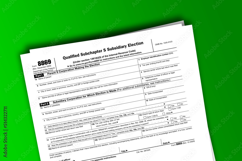 Form 8869 documentation published IRS USA 44055. American tax document on colored Form 8869 documentation published IRS USA 44055. American tax document on colored