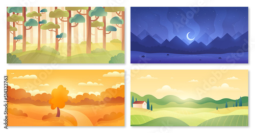 Natural landscapes set. Collection of stylish wallpapers for phones, various natural places. Mountains, forest, fields and plains. Cartoon flat vector illustrations isolated on white background