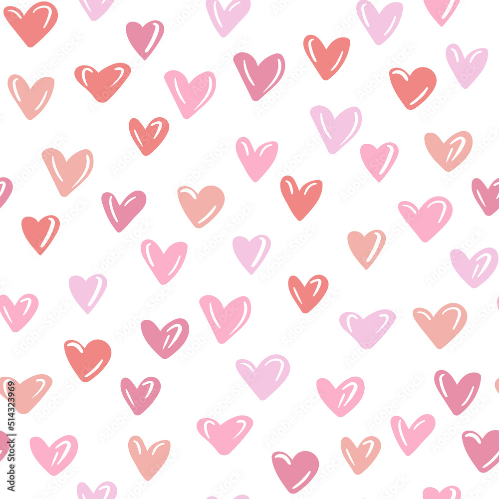 Seamless pattern with pink hearts. Template holiday vector illustration. Design for card, postcard, poster, print, banner. Cartoon colorful hearts on white background