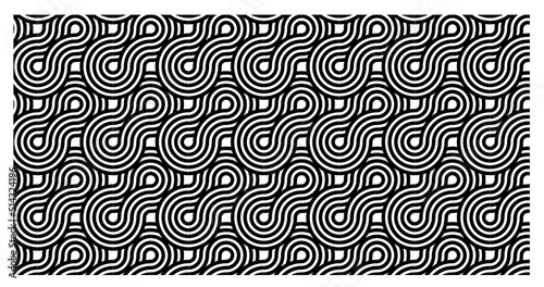 seamless pattern with black and white lines, shaped like a lined figure eight, arranged in a quarter circle line shape.