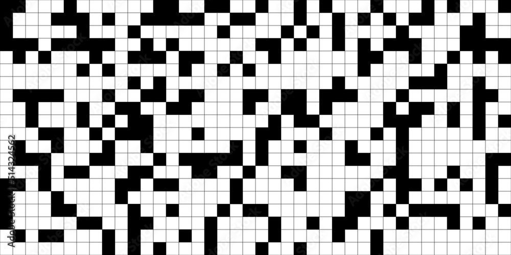 Seamless black and white abstract crossword puzzle pattern. Geometric tileable monochrome game background texture. Play, fun, challenge, leisure or hobby concept backdrop. 3D illustration.