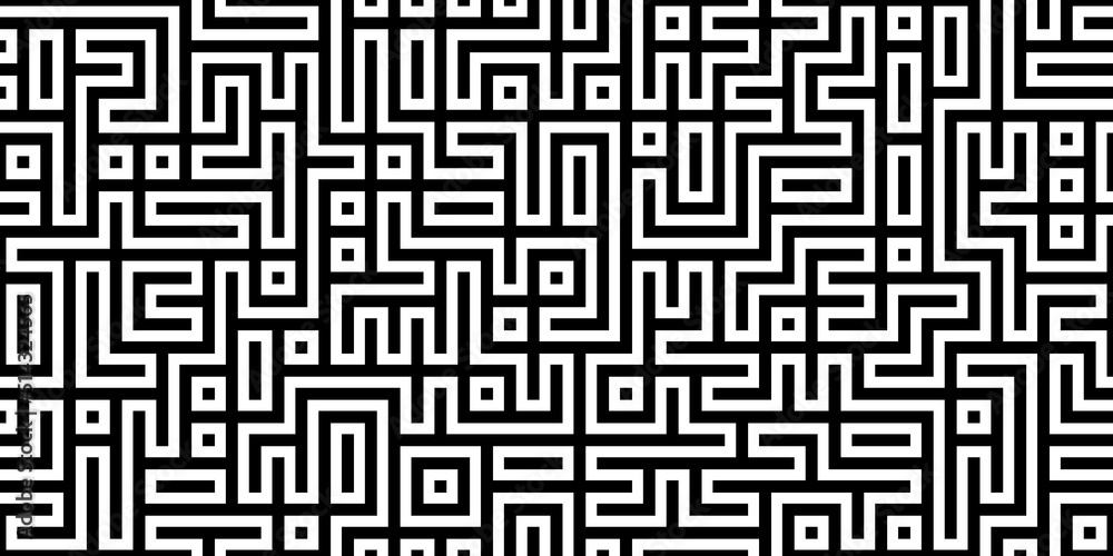 Seamless black and white abstract maze line pattern. Geometric tileable monochrome labyrinth background texture. Puzzle, challenge, decision, confusion or complexity concept backdrop. 3D illustration.