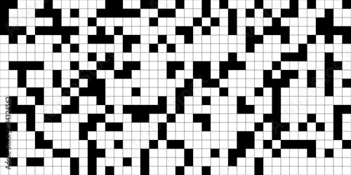 Seamless black and white abstract crossword puzzle pattern. Geometric tileable monochrome game background texture. Play, fun, challenge, leisure or hobby concept backdrop. 3D illustration.