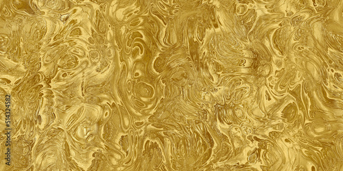 Seamless molten liquid gold swirls glistening background texture. Golden yellow modern abstract luxury gilded age wallpaper repeat pattern. Christmas or New Year's decoration backdrop. 3D rendering..