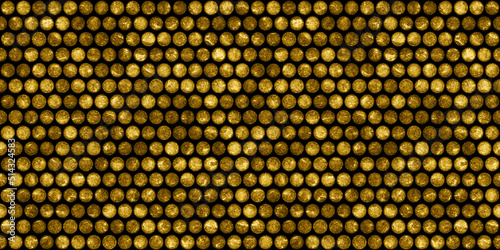 Seamless gold glitter polka dots background texture. Shiny golden yellow metallic circle buttons geometric repeat pattern. Modern abstract luxury gilded age wallpaper. Christmas backdrop 3D rendering.