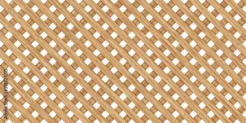 Seamless wood diamond lattice or trellis background texture isolated on white. Tileable light brown redwood, pine or oak woven diagonal crosshatch fence planks pattern. 3D rendering.. photo