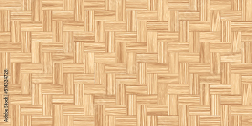 Seamless classic parquet wood floor background texture. Tileable light brown redwood, oak or pine hardwood woven zigzag herringbone repeat pattern. Wooden laminate or linoleum tiles. 3D rendering..