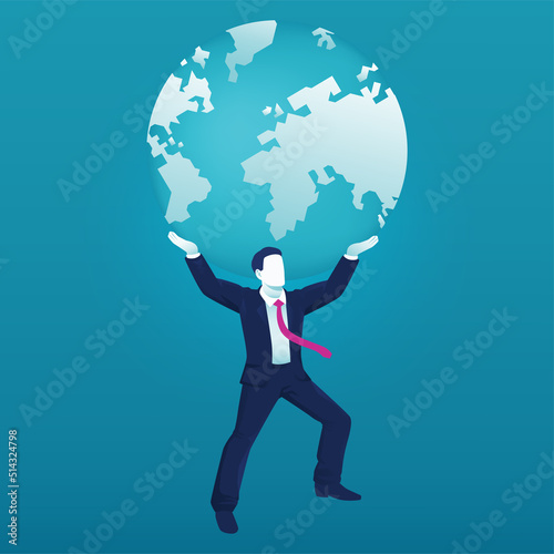 Businessman carrying and lifting a heavy world. dominating world concept. vector illustration