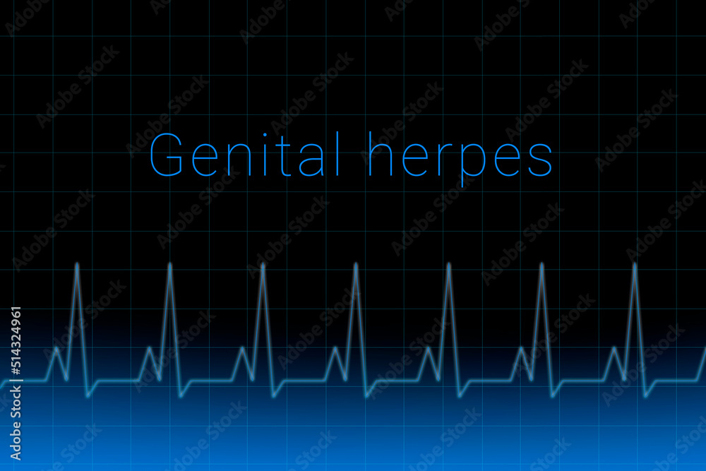 Genital herpes disease. Genital herpes logo on a dark background. Heartbeat line as a symbol of human disease. Concept Medication for disease Genital herpes. Genital herpes disease. Genital herpes logo on a dark background. Heartbeat line as a symbol of human disease. Concept Medication for disease Genital herpes.