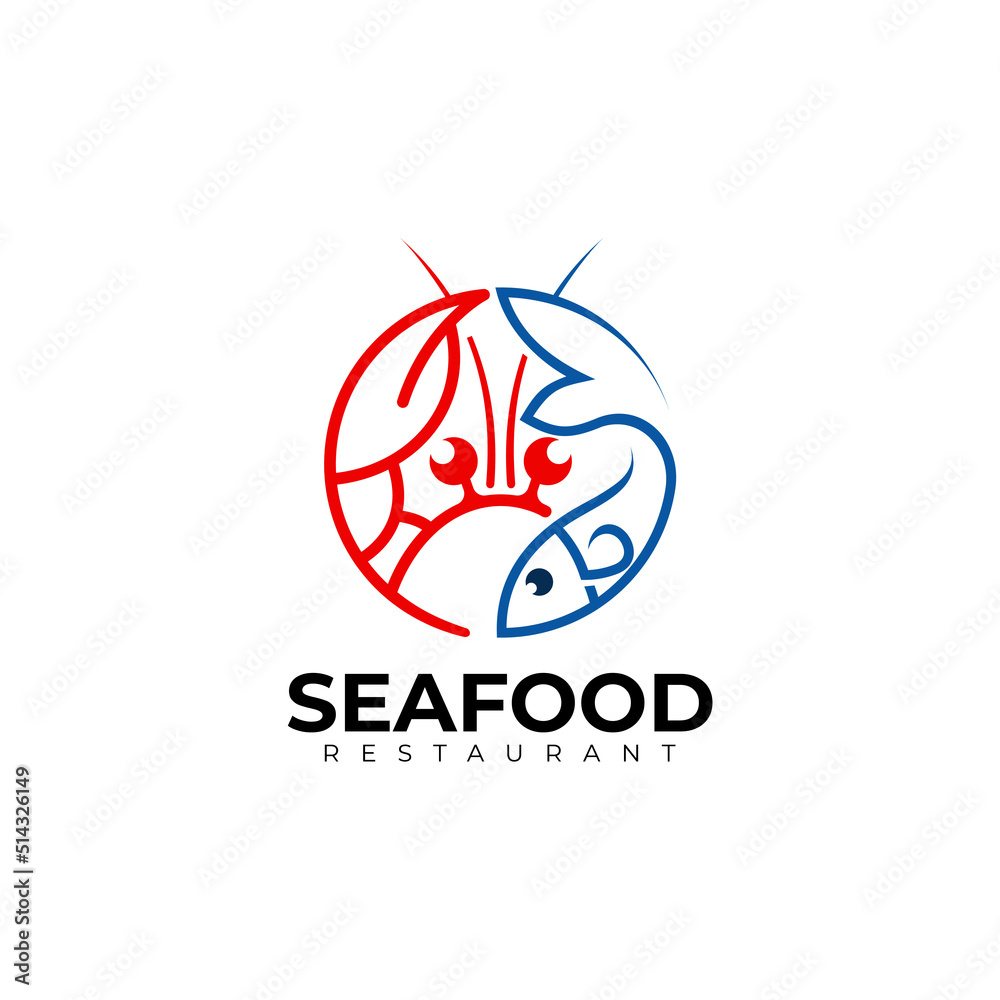 Crab and fish logo with restaurant icons, seafood icon template