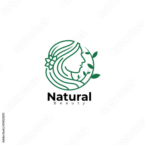 Beauty logo with nature design template, girl and leaf icons
