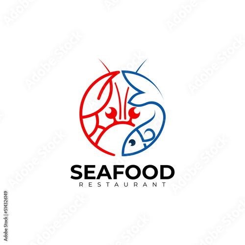 Crab and fish logo with restaurant icons, seafood icon template