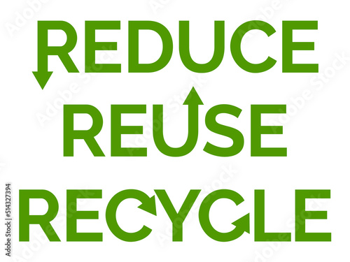 Reduce Reuse Recycle text, typographic design. Green text. Up, down and circling arrows. Transparent background. 