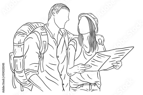 Happy Couple Adventure Explore Trip Mountain Climber Camping Romance Journey Sport Line Art Hand Drawn