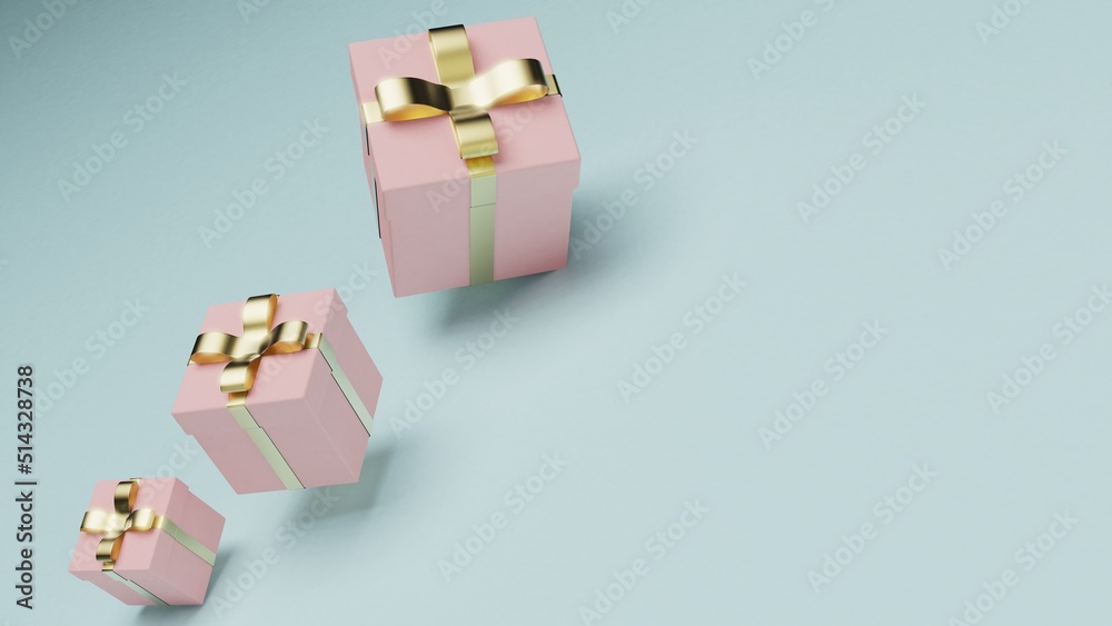 Fototapeta premium Pink closed gift boxes with gold ribbon on blue background. 3D illustration. 3D CG. 3D high quality rendering.