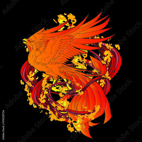 phoenix illustration with japanese style background