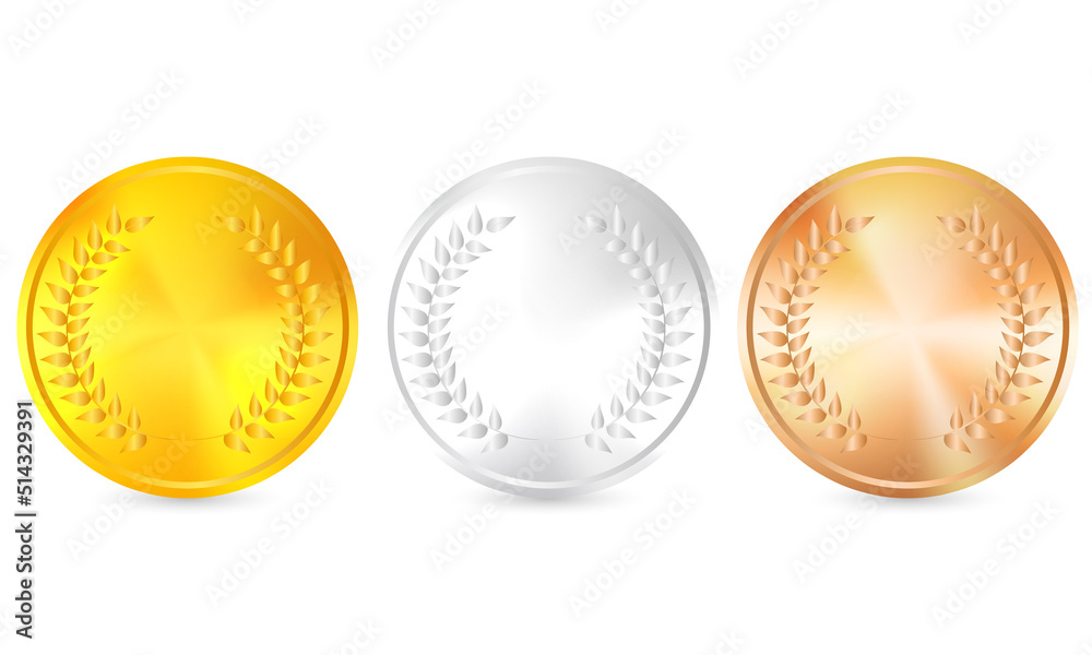 Gold, silver and bronze medals with the image of a laurel wreath. Raster illustration. Vector version is also included in the portfolio Gold, silver and bronze medals with the image of a laurel wreath. Raster illustration. Vector version is also included in the portfolio