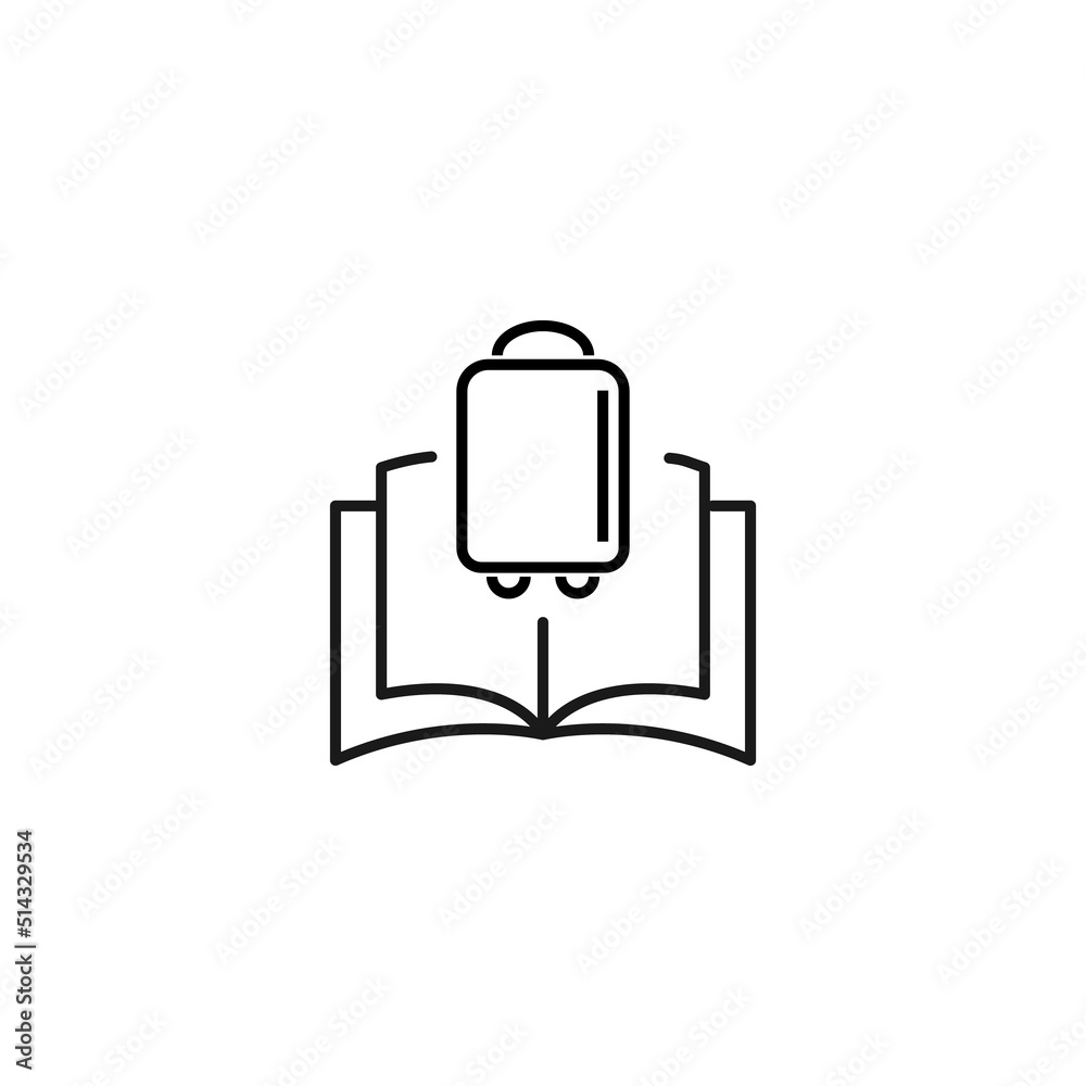 Encyclopedia, science, education signs. High quality symbol for stores, books, articles, sites. Editable stroke. Vector line icon of baggage or luggage over opened book Encyclopedia, science, education signs. High quality symbol for stores, books, articles, sites. Editable stroke. Vector line icon of baggage or luggage over opened book
