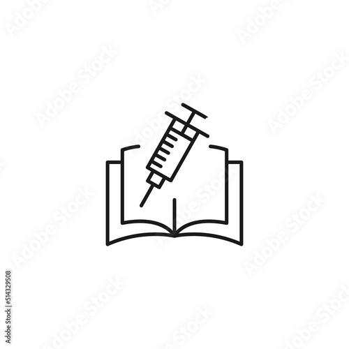 Encyclopedia, science, education signs. High quality symbol for stores, books, articles, sites. Editable stroke. Vector line icon of syringe over opened book