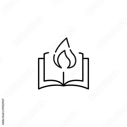 Encyclopedia, science, education signs. High quality symbol for stores, books, articles, sites. Editable stroke. Vector line icon of fire or flame over opened book