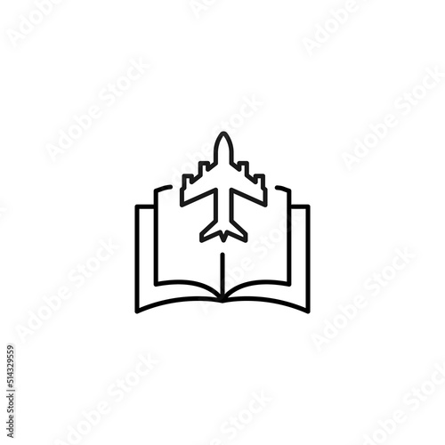 Encyclopedia, science, education signs. High quality symbol for stores, books, articles, sites. Editable stroke. Vector line icon of airplane over opened book
