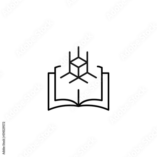 Encyclopedia, science, education signs. High quality symbol for stores, books, articles, sites. Editable stroke. Vector line icon of cube in corner over opened book