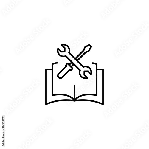 Encyclopedia, science, education signs. High quality symbol for stores, books, articles, sites. Editable stroke. Vector line icon of renovation tools over opened book