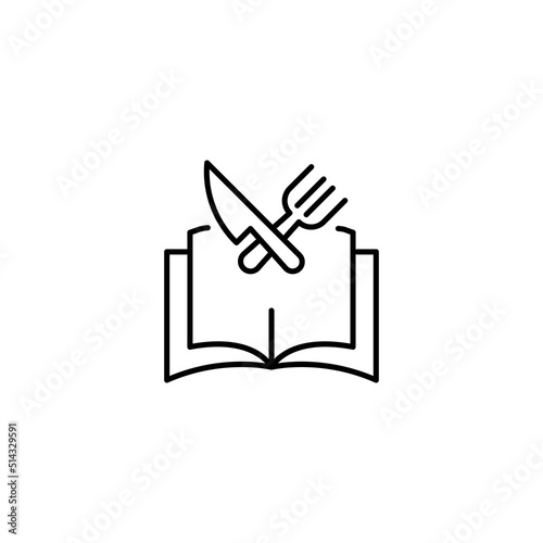 Encyclopedia, science, education signs. High quality symbol for stores, books, articles, sites. Editable stroke. Vector line icon of crossed knife and fork over opened book