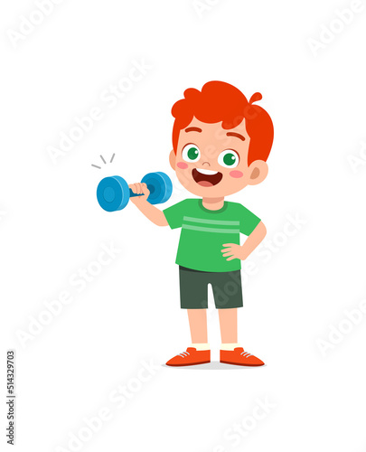 little kid do workout with lift dumbbell