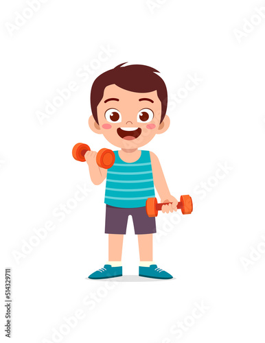 little kid do workout with lift dumbbell