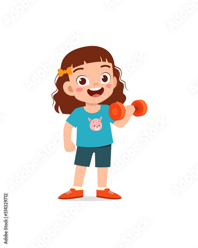 little kid do workout with lift dumbbell