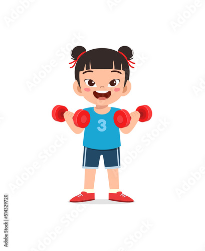 little kid do workout with lift dumbbell