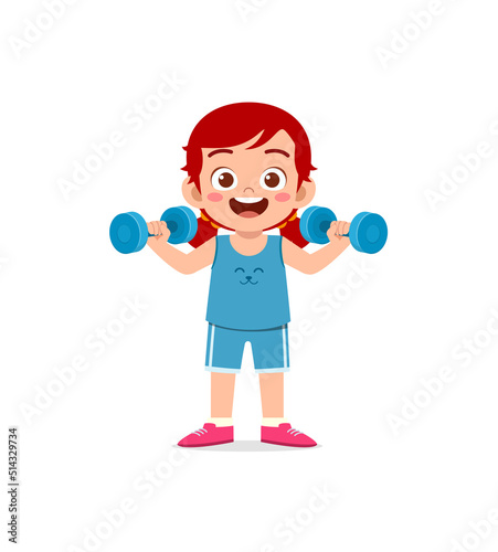 little kid do workout with lift dumbbell