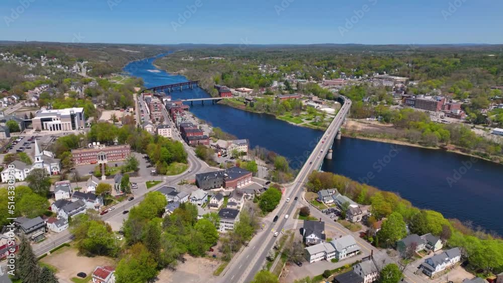 Memorial Bridge aerial view over Kennebec River in historic downtown of Augusta, Maine ME, USA. 
