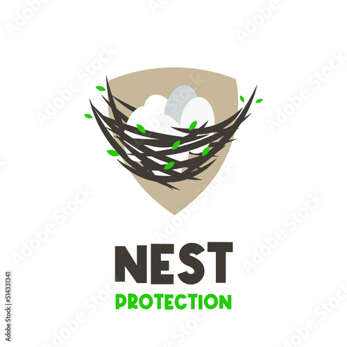 Logo illustration of shield and bird's nest protecting eggs