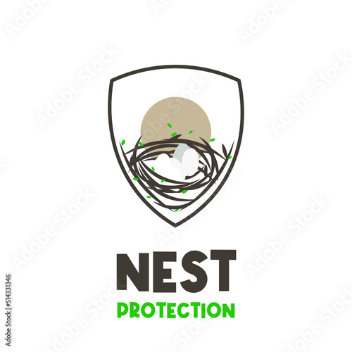 Bird nest illustration logo and shield protecting