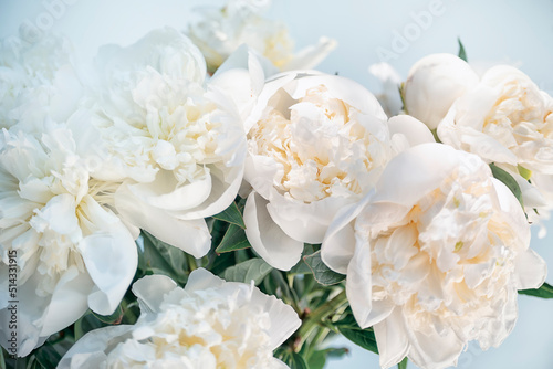 Delicate white bouquet peonies on a light background 