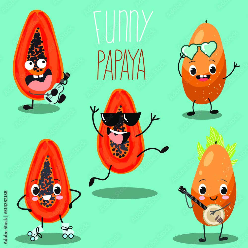 Set of vector illustrations of 5 pieces of funny crazy papaya, cartoon